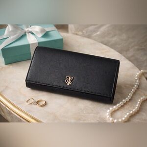 Tiffany & Co Black Leather Continental Wallet Gold Logo Italy New Luxe Designer